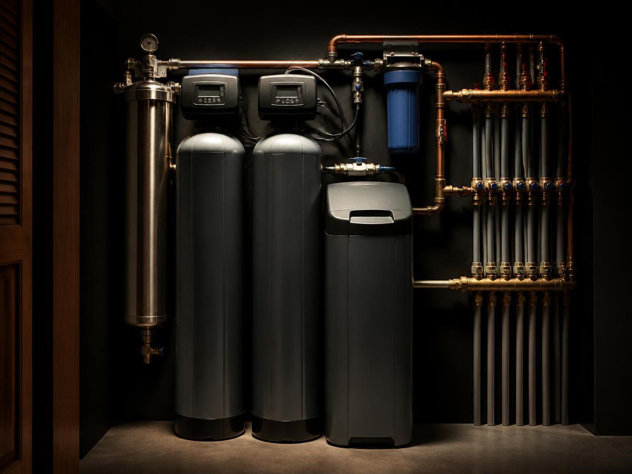Whole-home water softener and filtration equipment installed on a home's main water line with copper piping and bypass valves